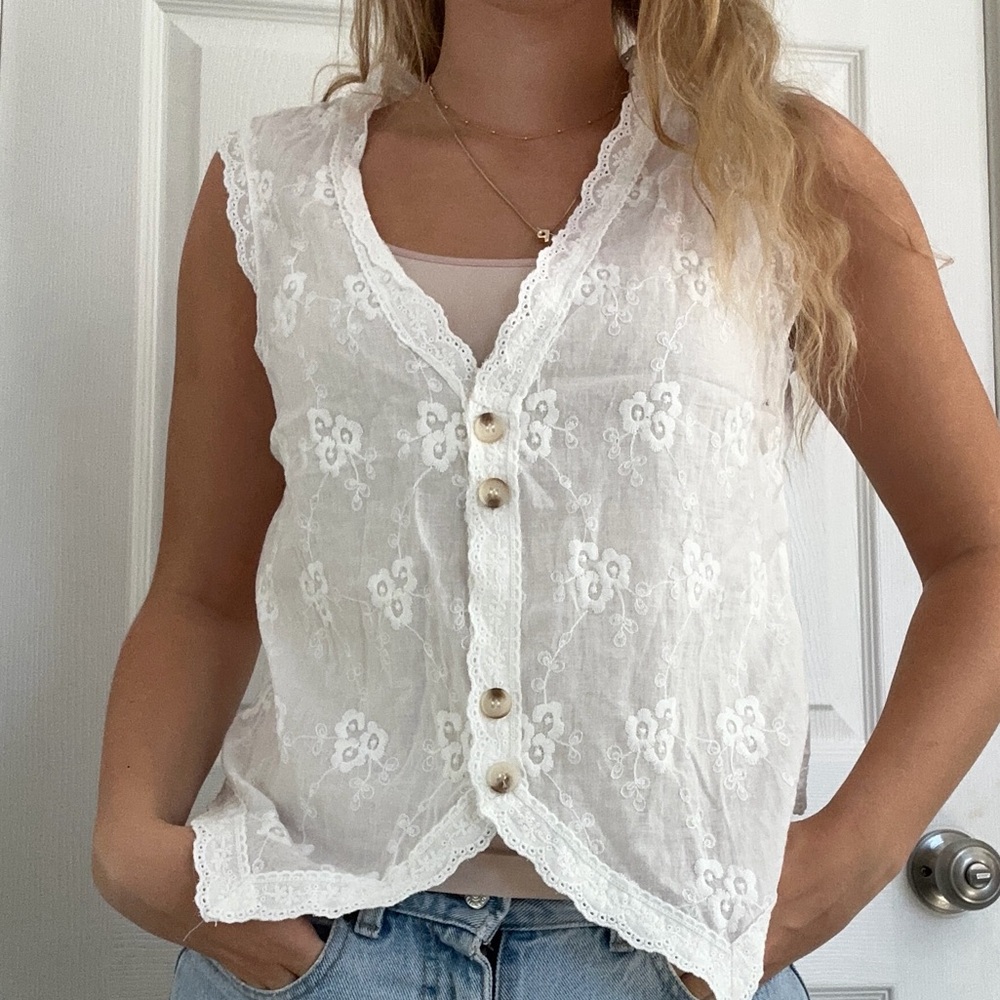 White Lace Button-Up Women Top